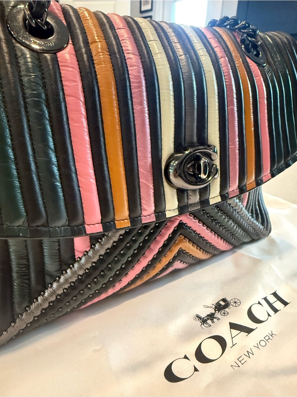 Coach Striped Quilted Leather Shoulder Bag in Pink, Black, Cream & Tan - Picture 2 of 3